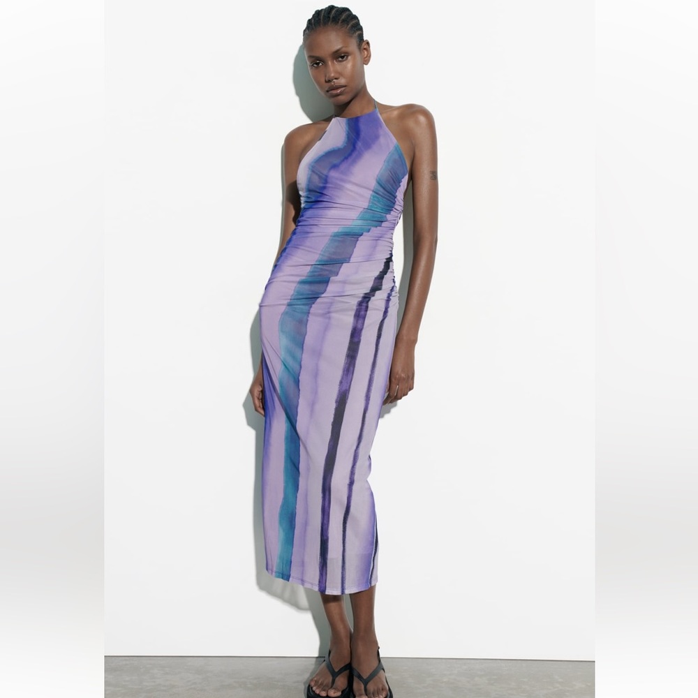Zara purple print mesh dress 3065 / 331 small NWT